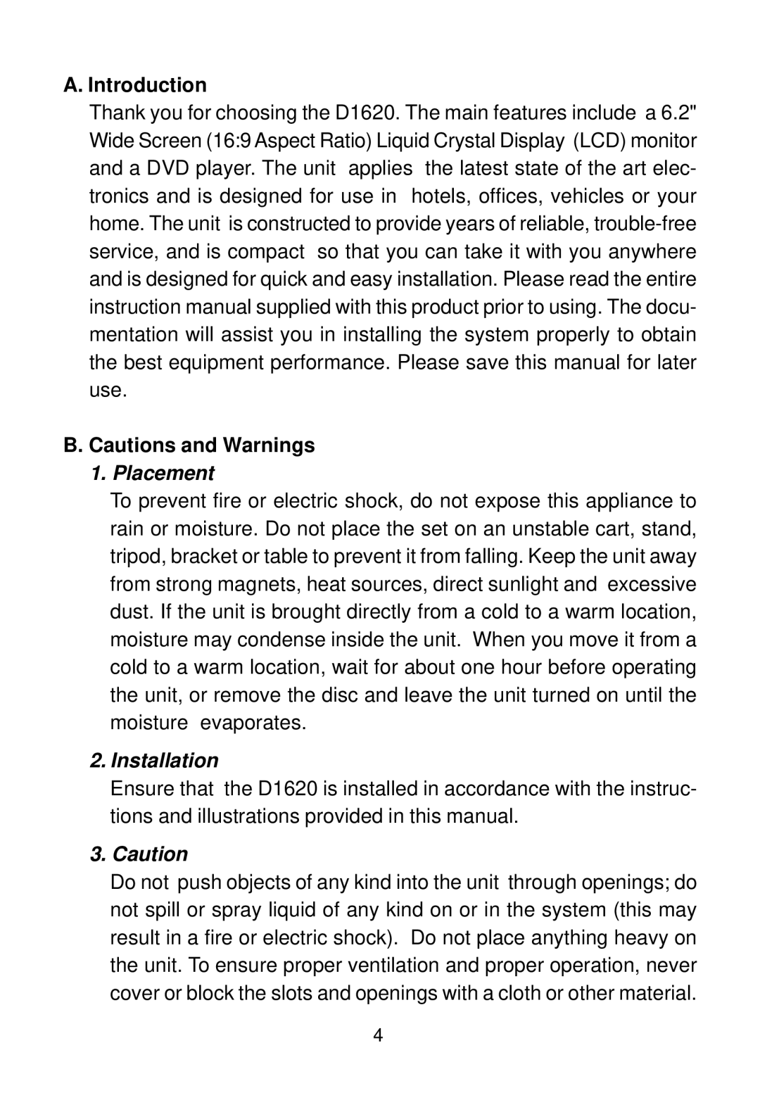 Audiovox D1620 manual Introduction, Placement 