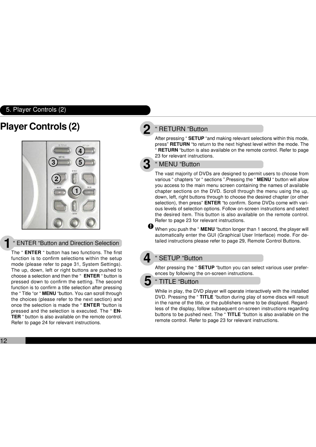 Audiovox D1700 owner manual Return Button, Menu Button, Setup Button, Title Button 