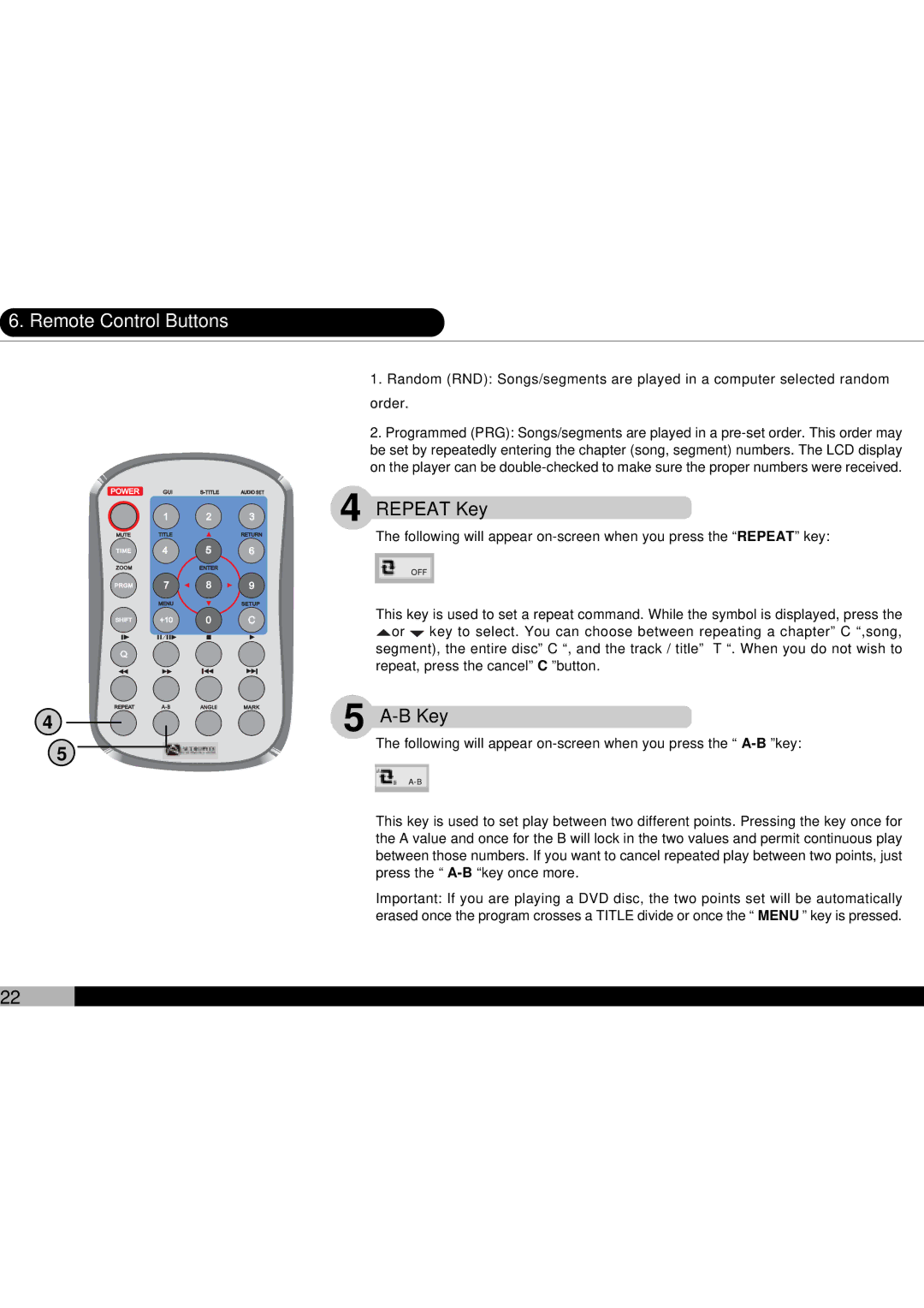 Audiovox D1700 owner manual Repeat Key, B Key 