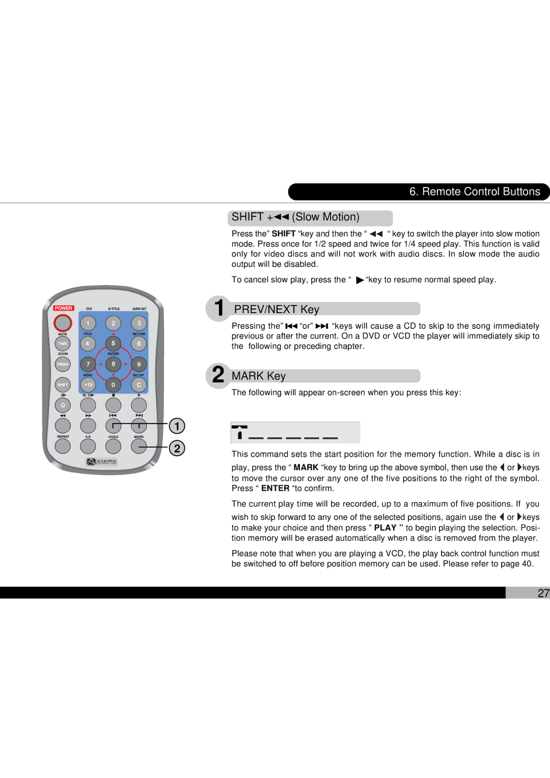 Audiovox D1700 owner manual Shift + Slow Motion, PREV/NEXT Key, Mark Key 