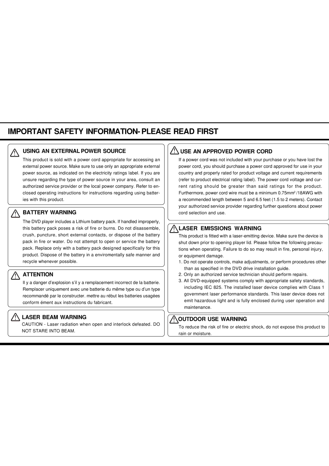 Audiovox D1700 owner manual Important Safety INFORMATION- Please Read First 