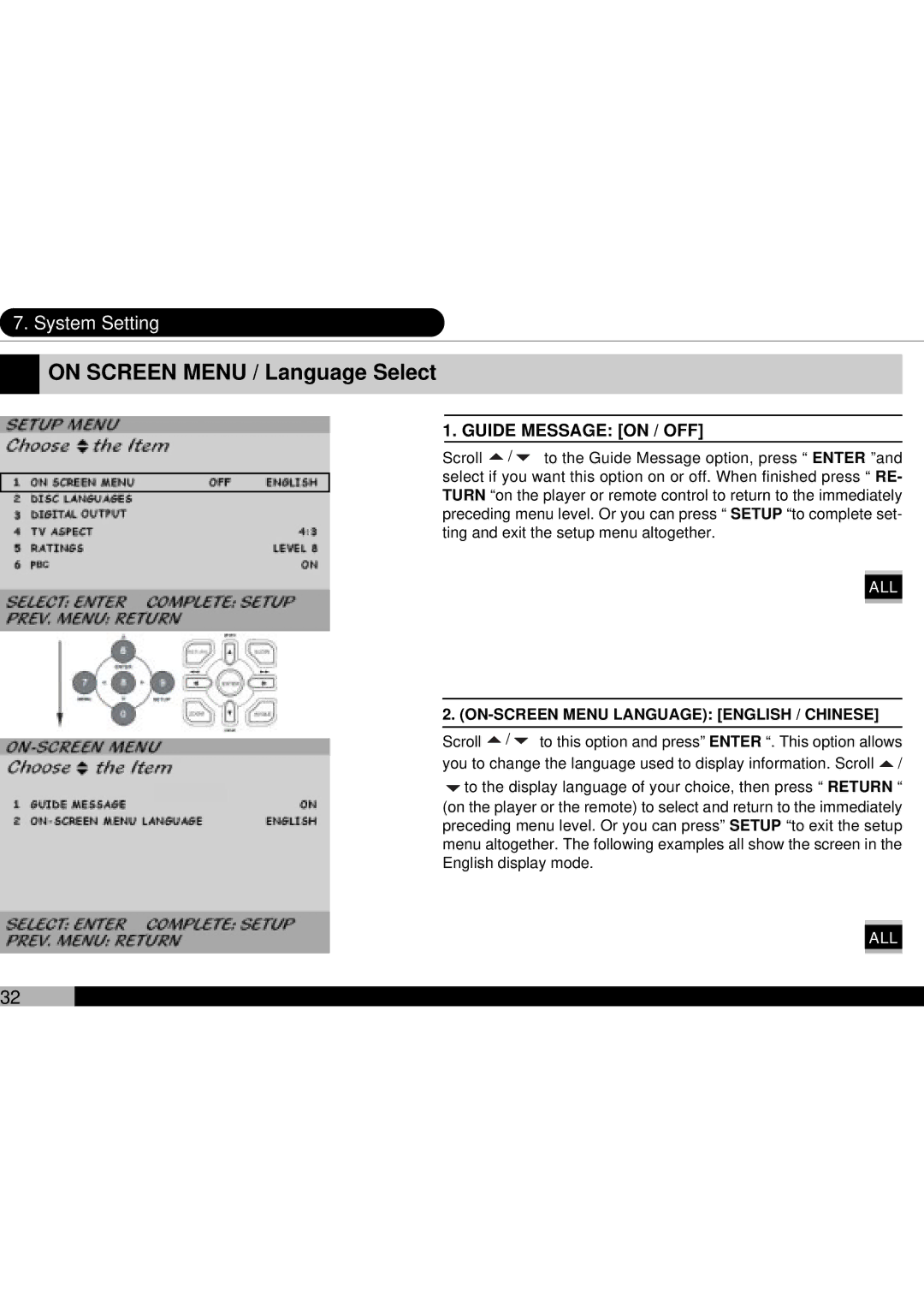 Audiovox D1700 owner manual Guide Message on / OFF 