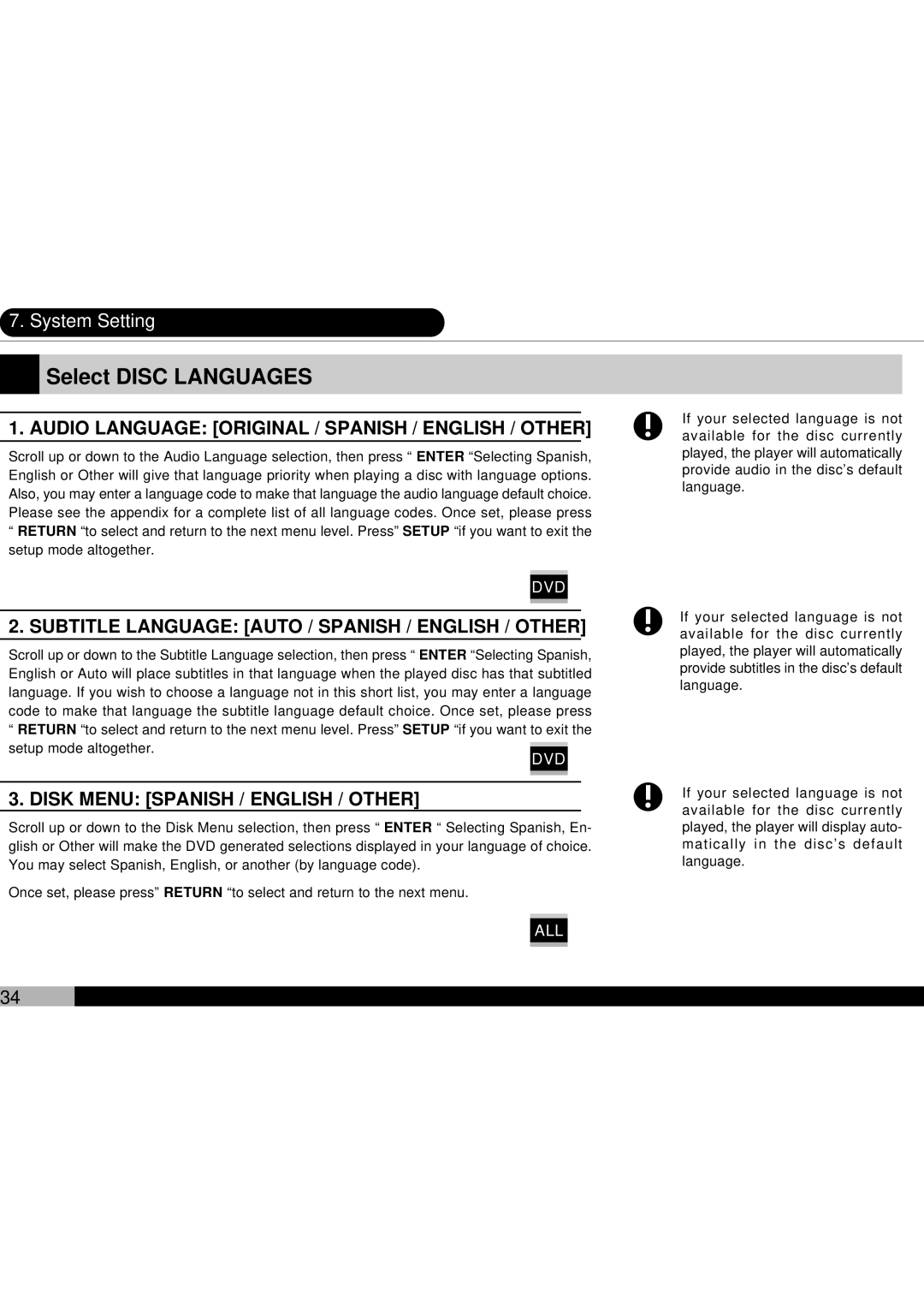 Audiovox D1700 owner manual Audio Language Original / Spanish / English / Other 