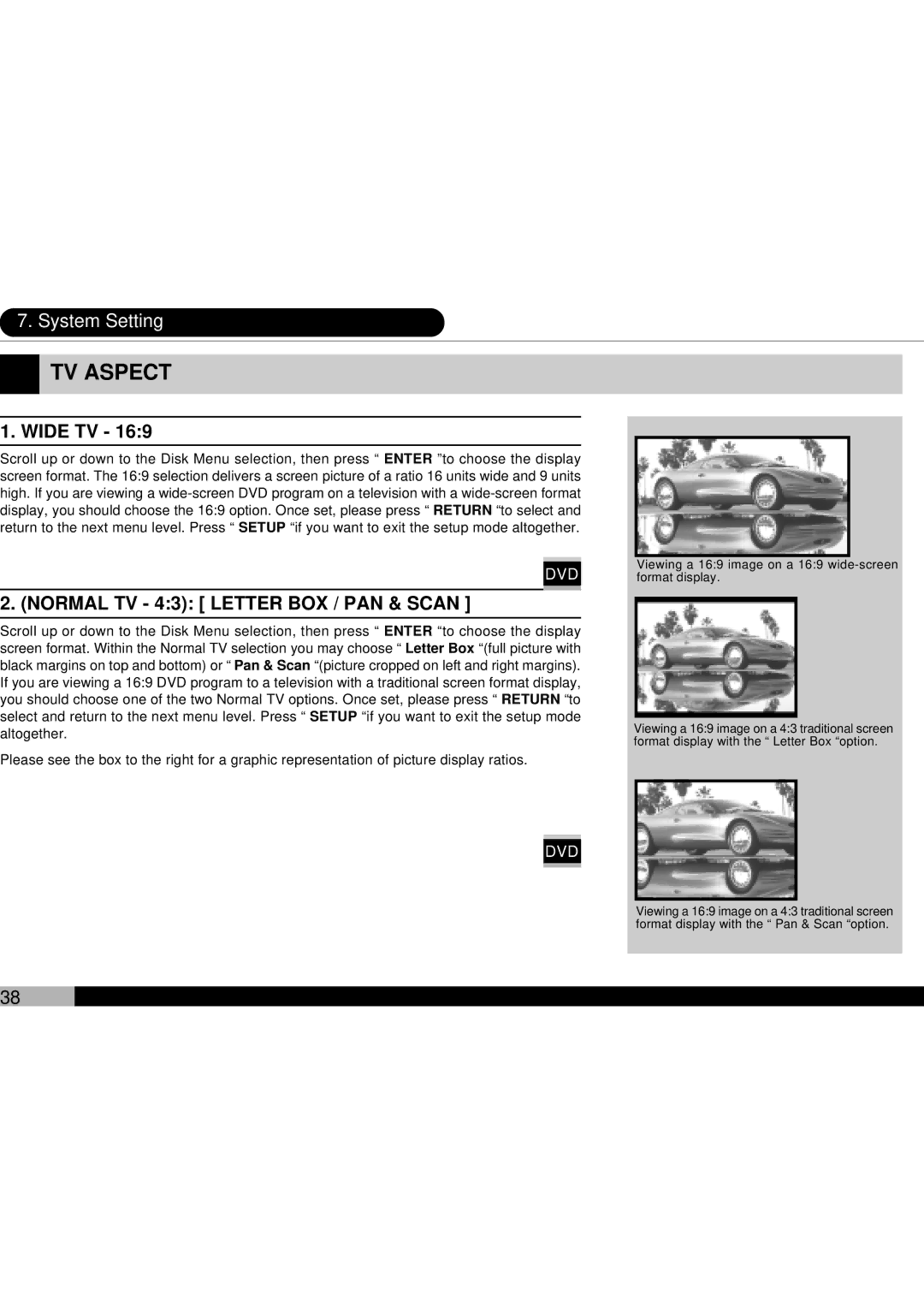 Audiovox D1700 owner manual Wide TV, Normal TV 43 Letter BOX / PAN & Scan 