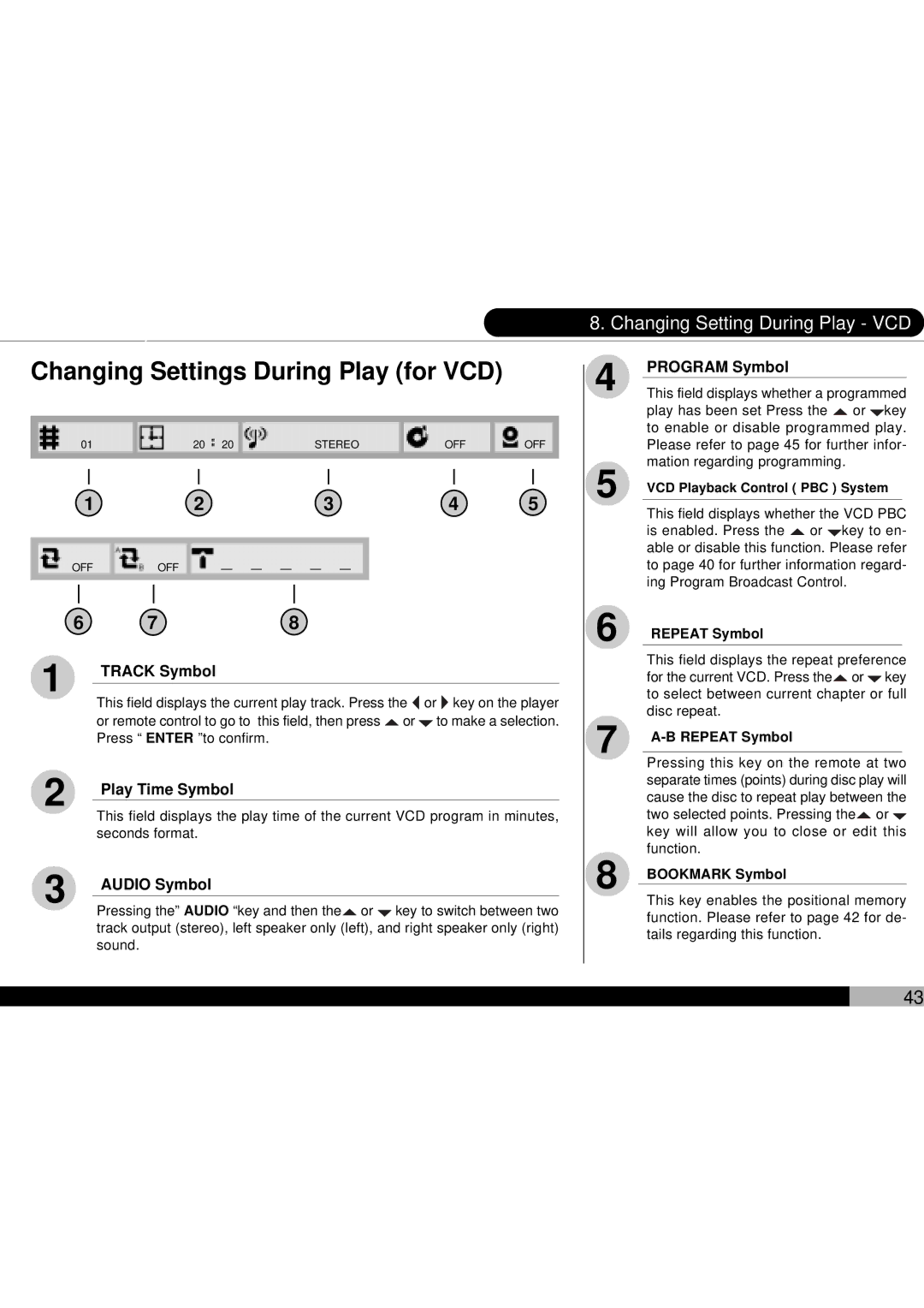 Audiovox D1700 owner manual Changing Settings During Play for VCD, Changing Setting During Play VCD 