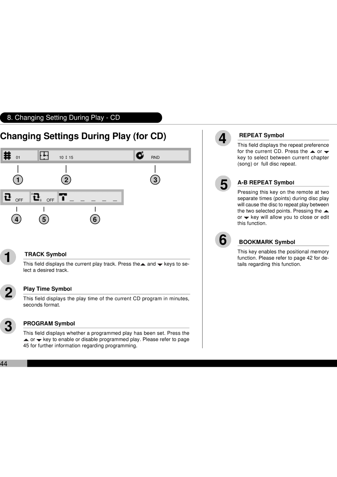 Audiovox D1700 owner manual Changing Settings During Play for CD, Changing Setting During Play CD 