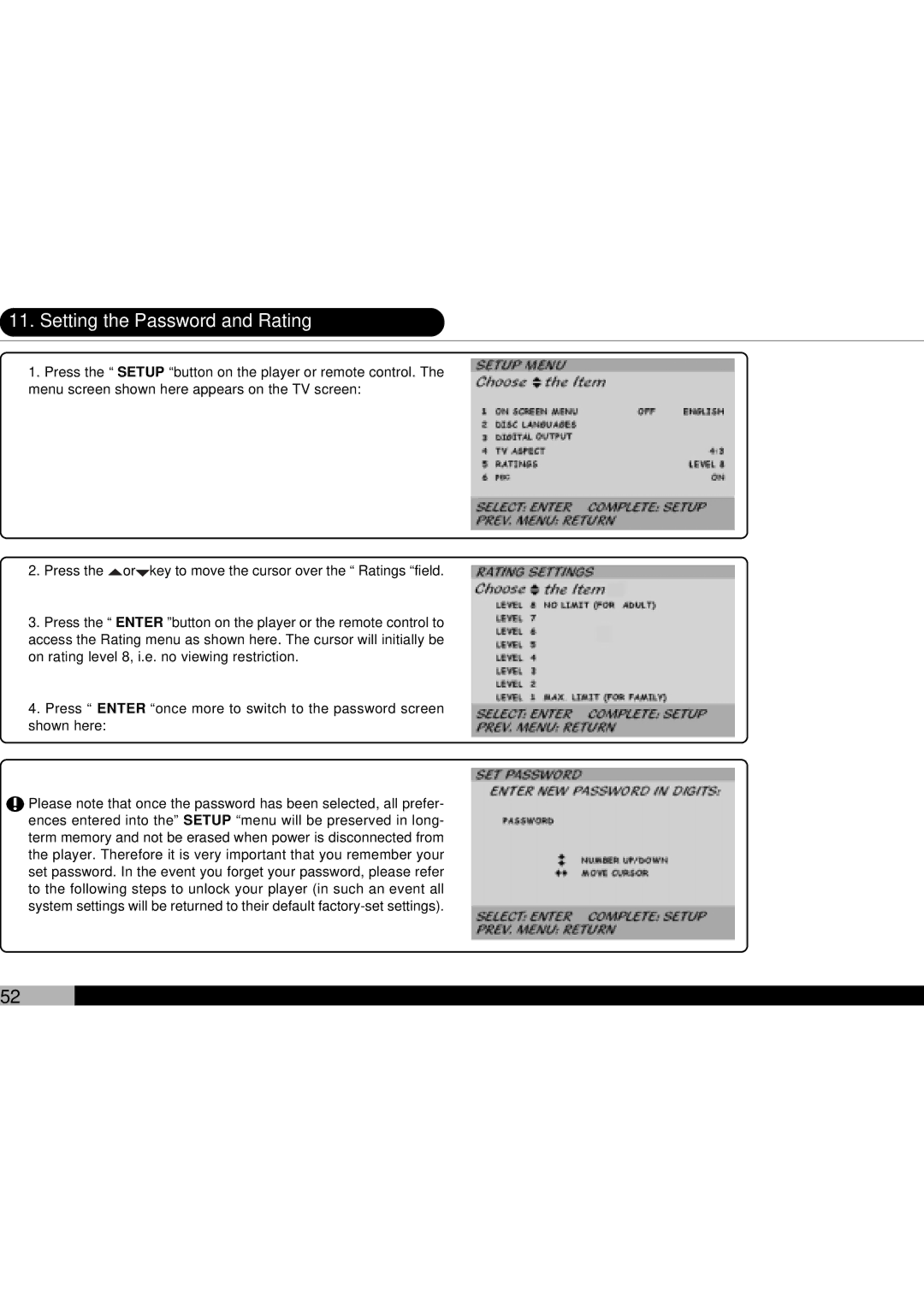 Audiovox D1700 owner manual Setting the Password and Rating 