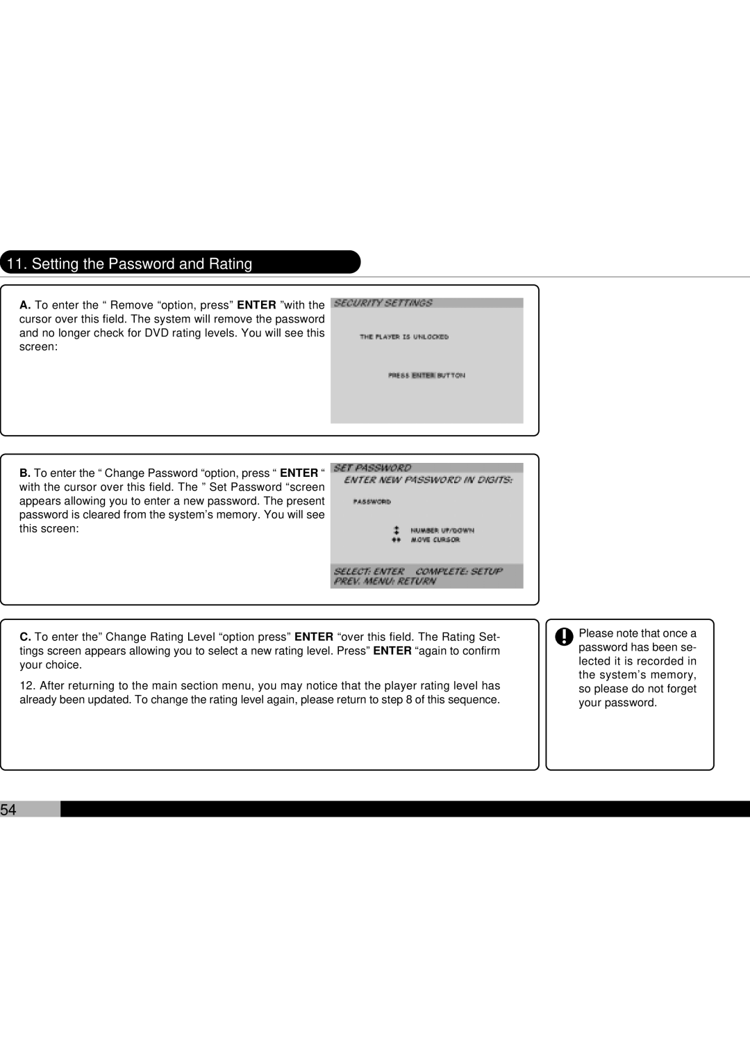 Audiovox D1700 owner manual Setting the Password and Rating 