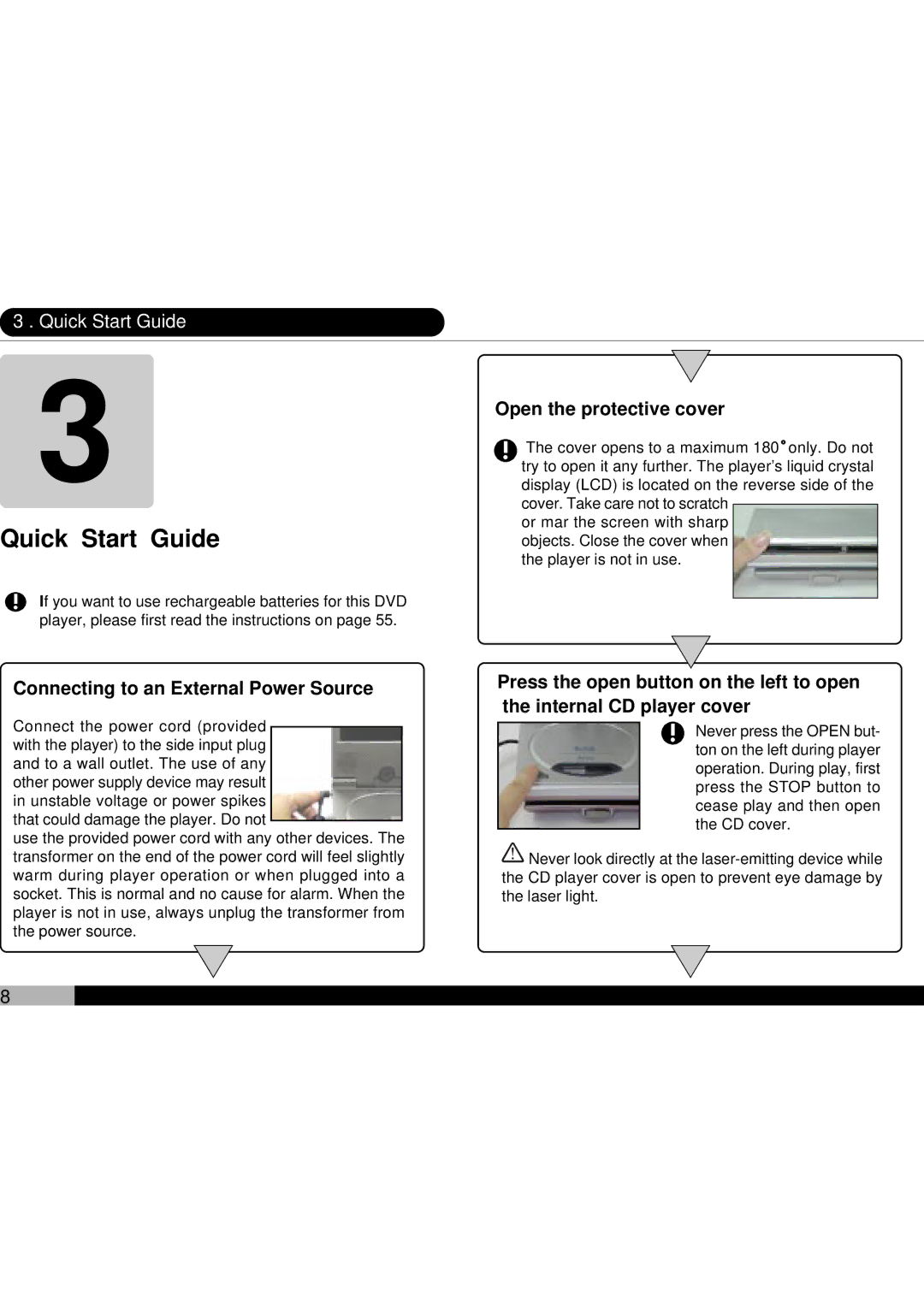 Audiovox D1700 owner manual Quick Start Guide, Connecting to an External Power Source, Open the protective cover 