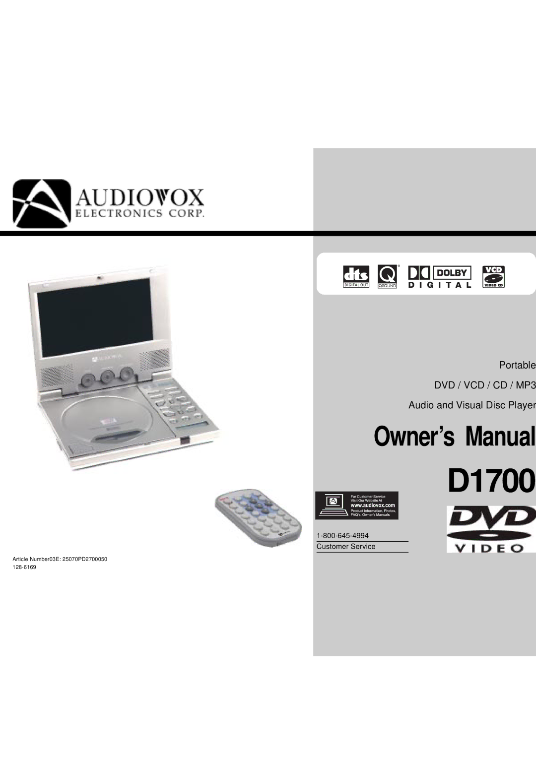 Audiovox D1700 owner manual 