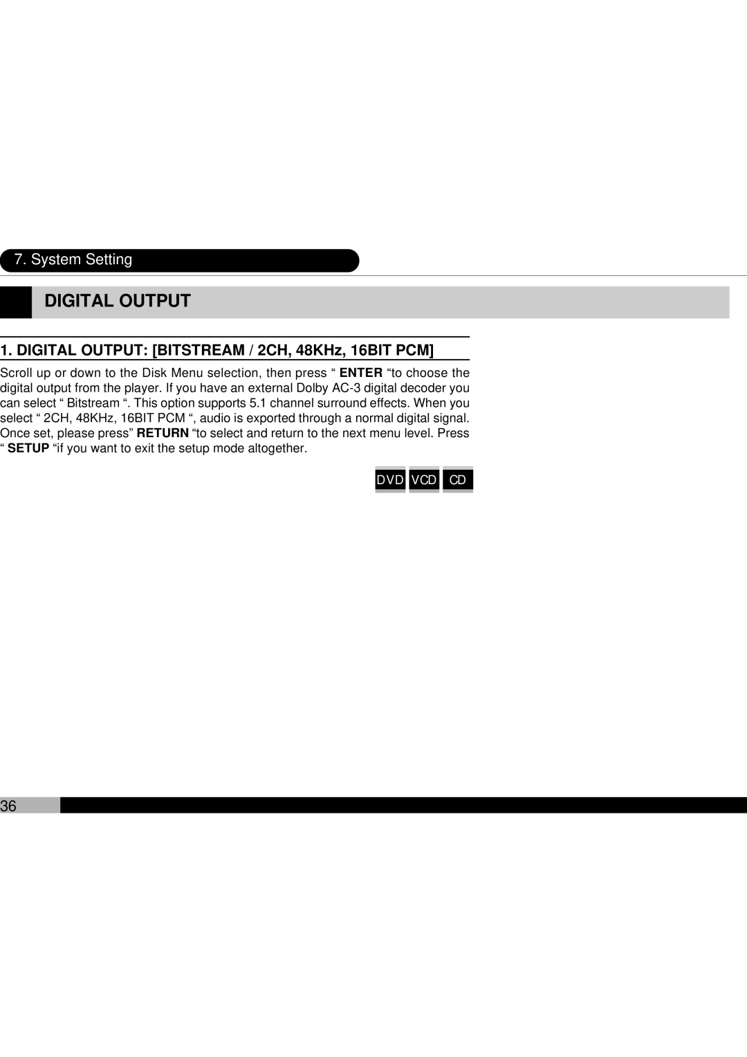 Audiovox D1700 owner manual Digital Output Bitstream / 2CH, 48KHz, 16BIT PCM 