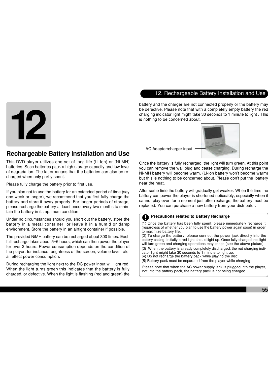 Audiovox D1700 owner manual Rechargeable Battery Installation and Use 