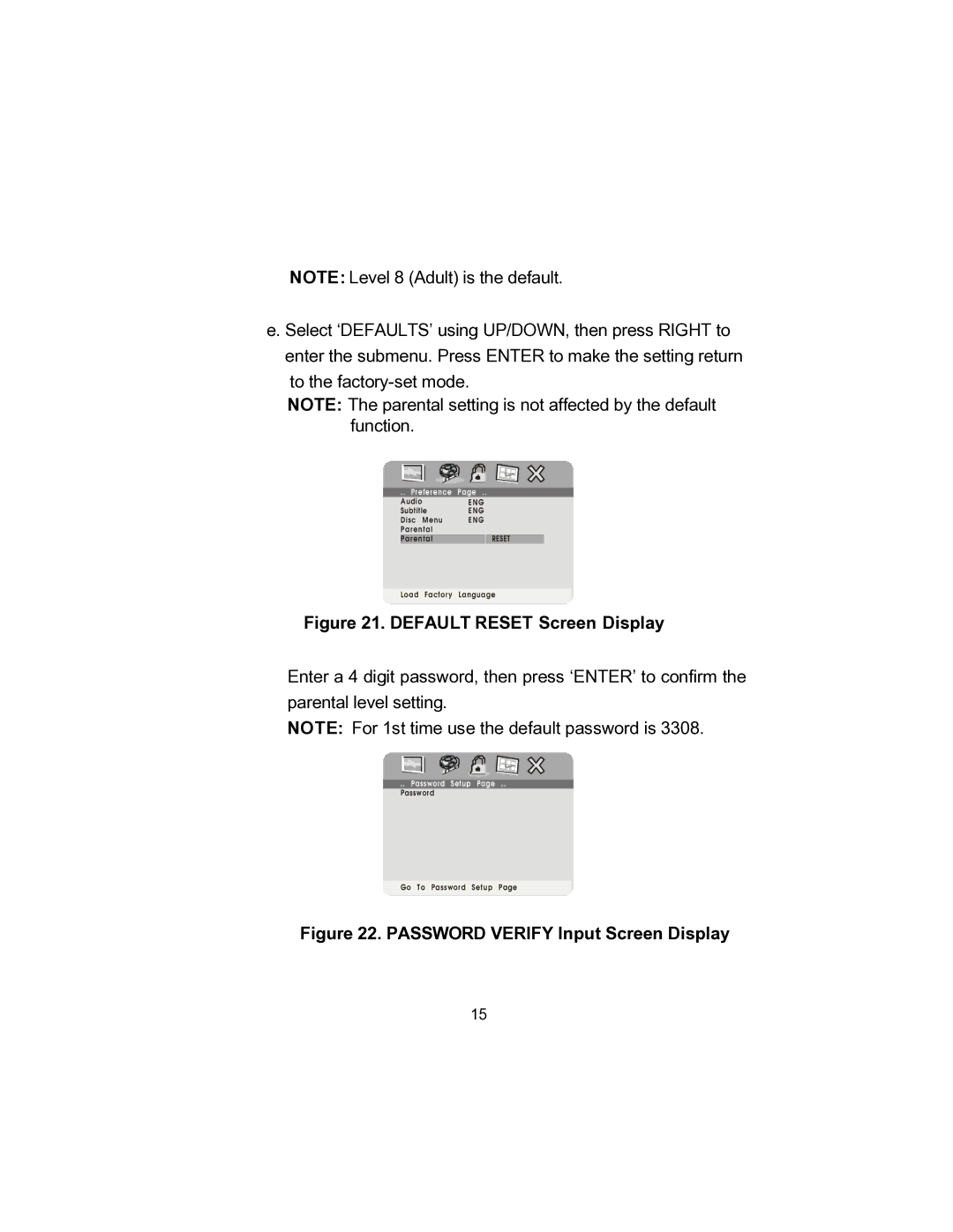 Audiovox D1705 owner manual Default Reset Screen Display 