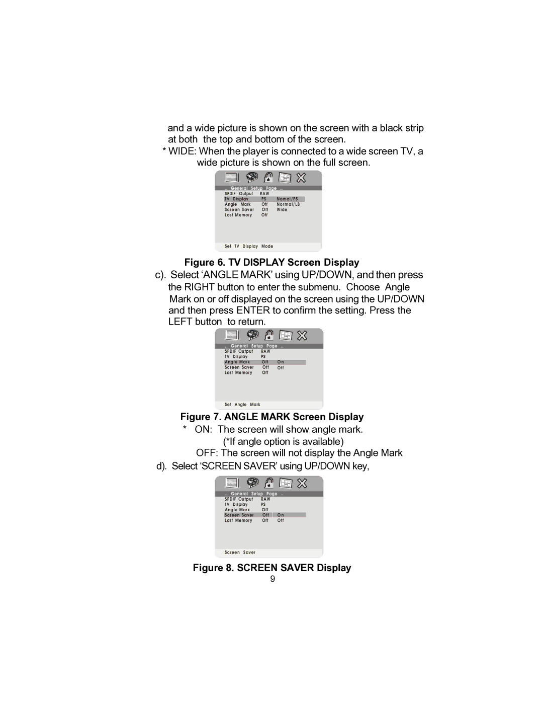 Audiovox D1705 owner manual Select ‘ANGLE MARK’ using UP/DOWN, and then press 