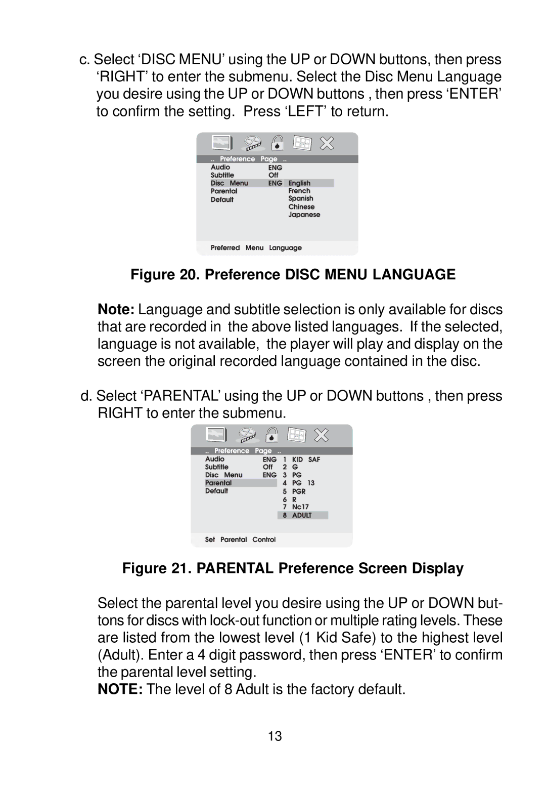 Audiovox D1708 manual Preference Disc Menu Language 