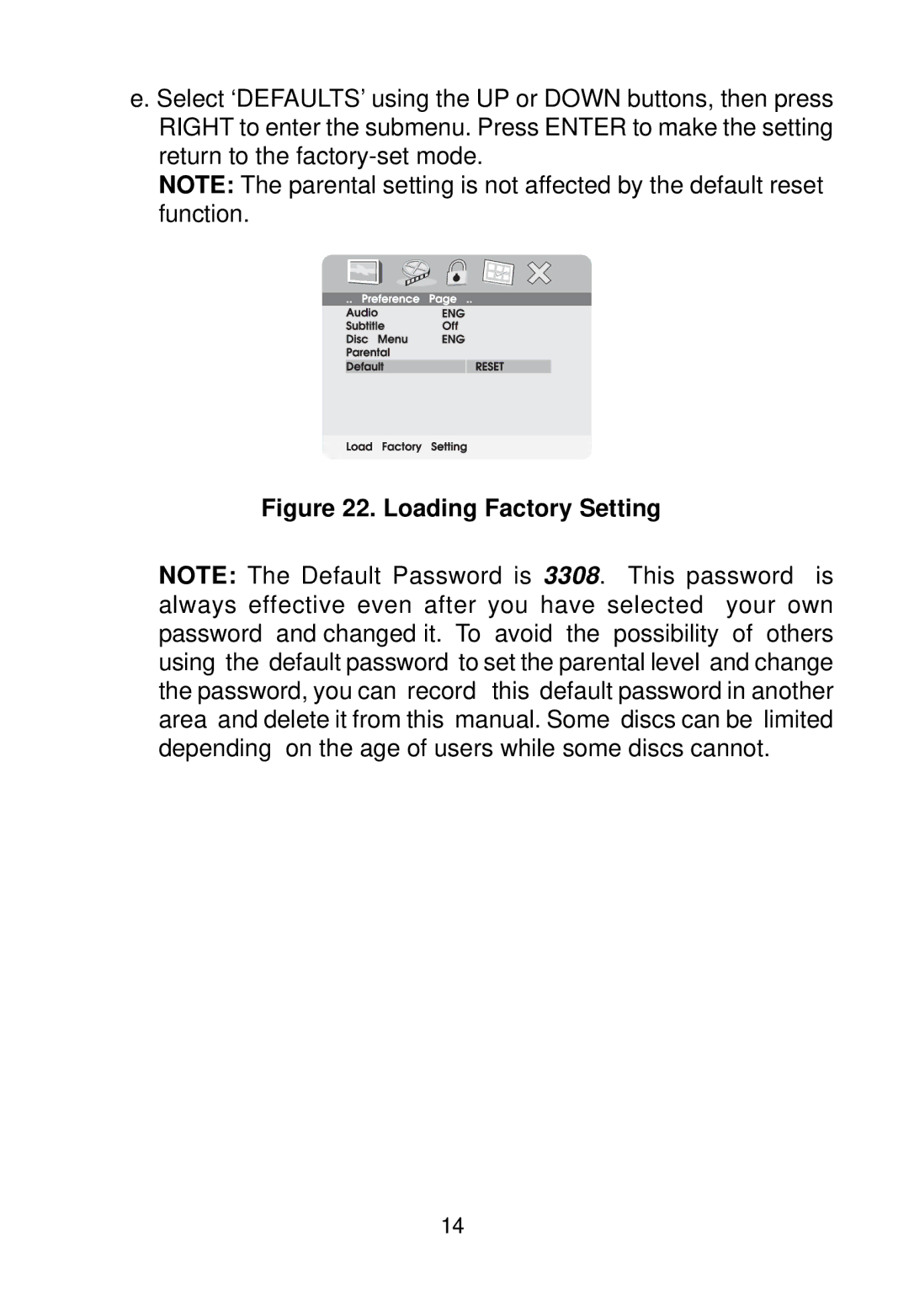 Audiovox D1708 manual Loading Factory Setting 