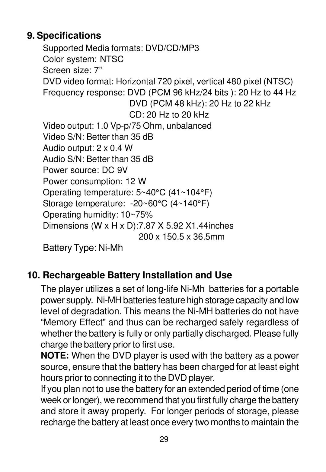 Audiovox D1708 manual Specifications, Rechargeable Battery Installation and Use 