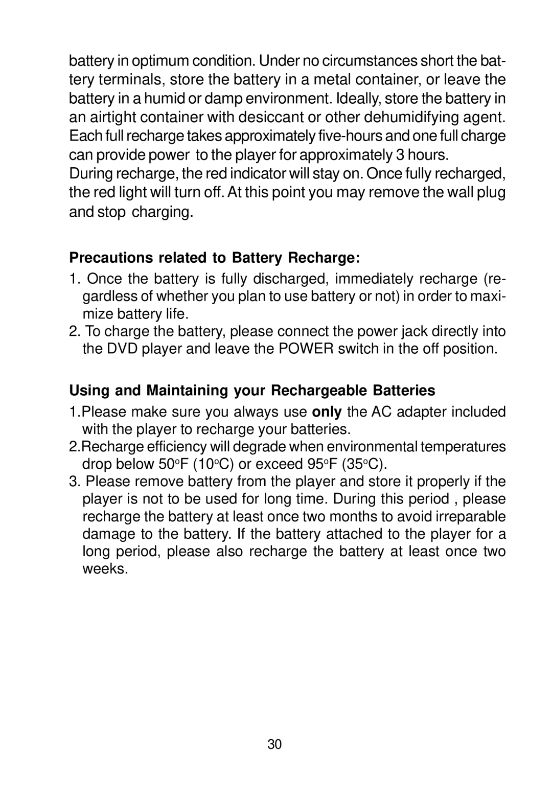 Audiovox D1708 manual Precautions related to Battery Recharge 