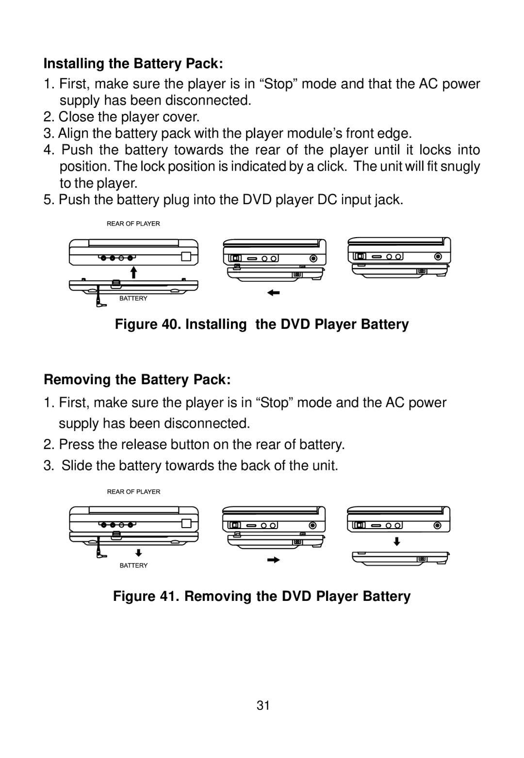 Audiovox D1708 manual Installing the DVD Player Battery Removing the Battery Pack 