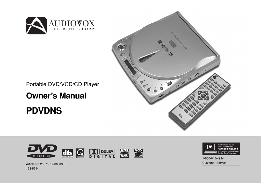 Audiovox PDVDNS, D1708PK owner manual Pdvdns 