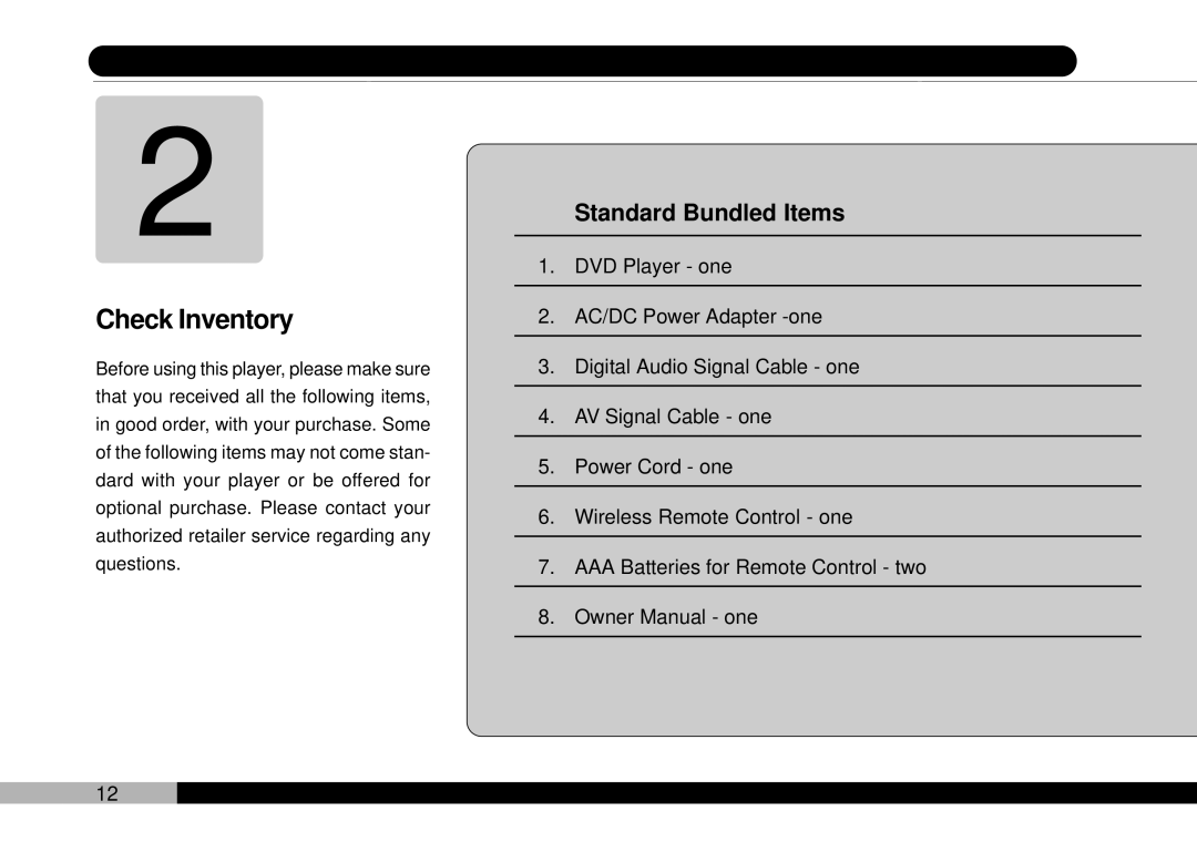 Audiovox D1708PK, PDVDNS owner manual Check Inventory, Standard Bundled Items 