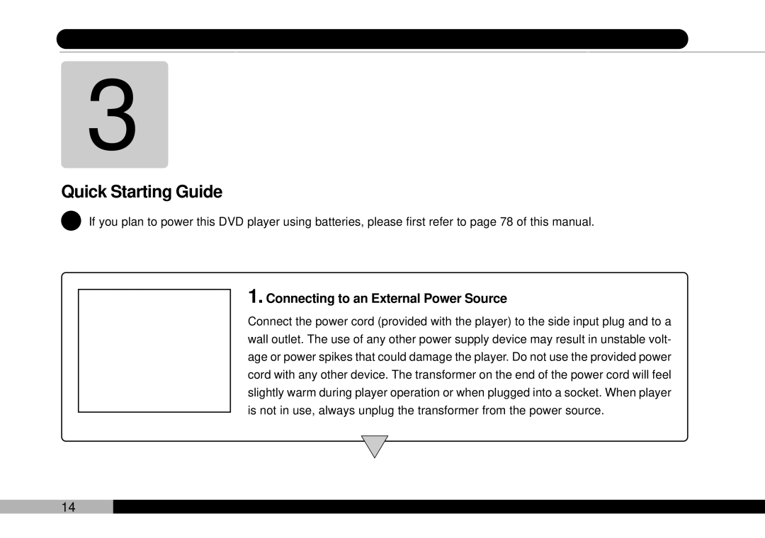 Audiovox D1708PK, PDVDNS owner manual Quick Starting Guide, Connecting to an External Power Source 