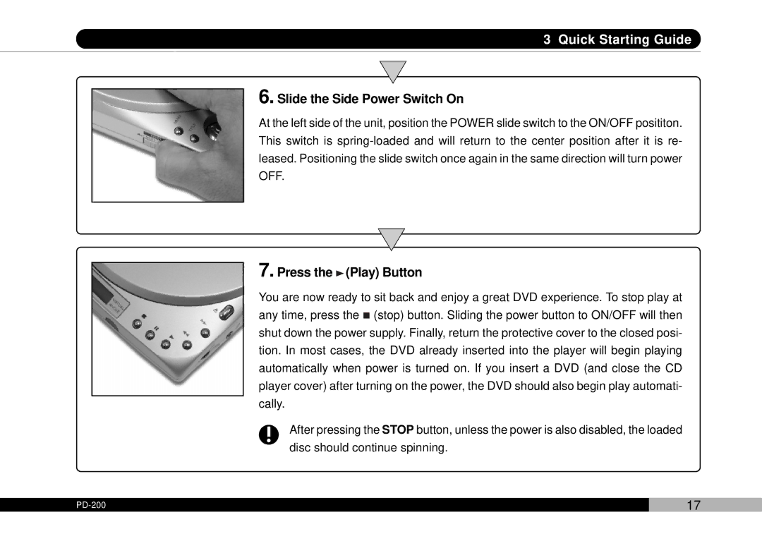 Audiovox PDVDNS, D1708PK owner manual Slide the Side Power Switch On, Press the Play Button 