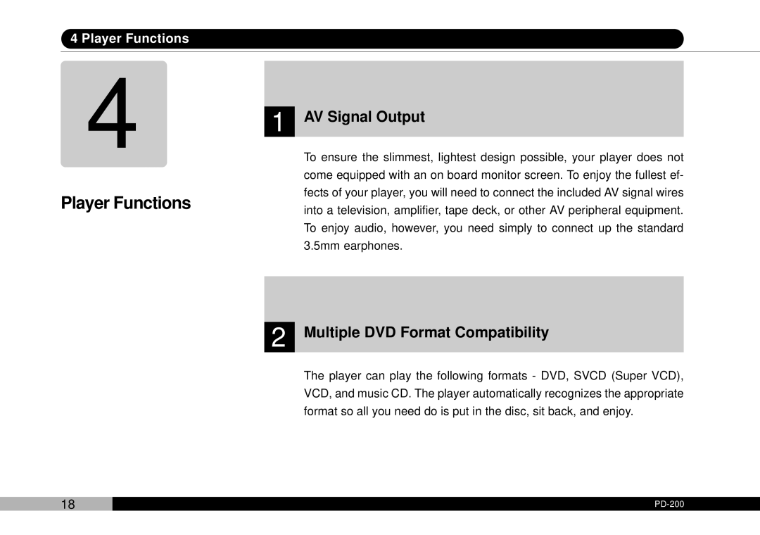 Audiovox D1708PK, PDVDNS owner manual Player Functions, AV Signal Output, Multiple DVD Format Compatibility 