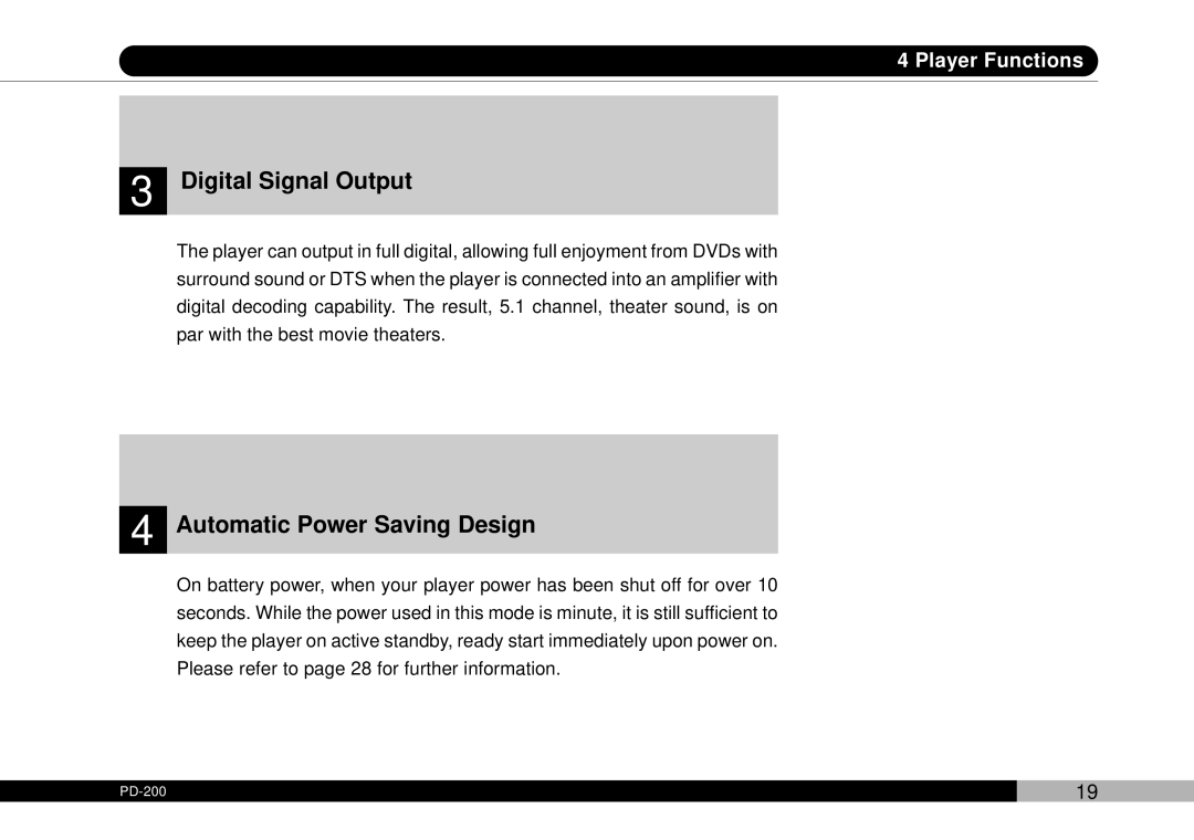 Audiovox PDVDNS, D1708PK owner manual Digital Signal Output, Automatic Power Saving Design 