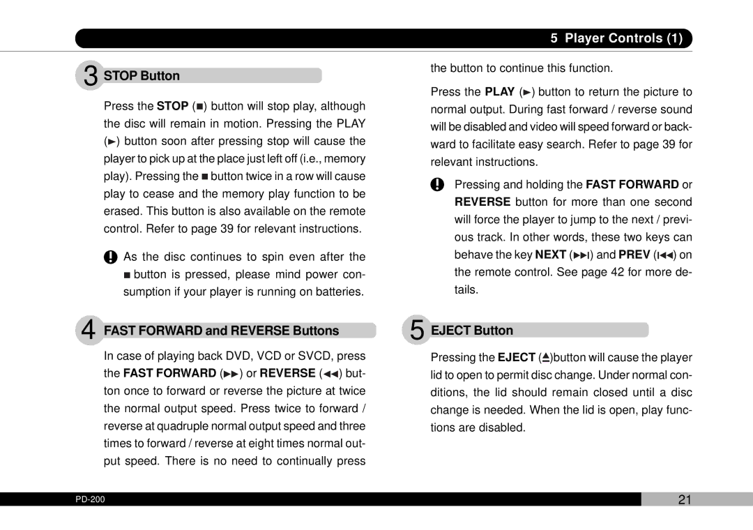Audiovox PDVDNS, D1708PK owner manual Stop Button, Fast Forward and Reverse Buttons, Eject Button 