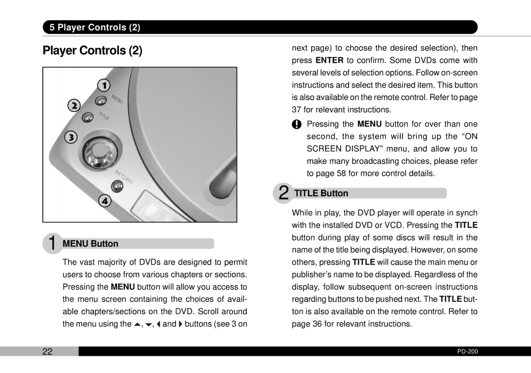 Audiovox D1708PK, PDVDNS owner manual Menu Button, Title Button 