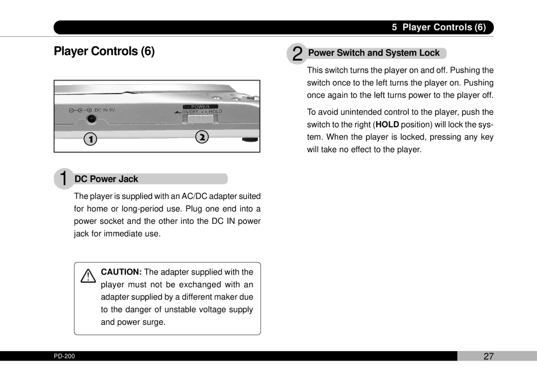 Audiovox PDVDNS, D1708PK owner manual DC Power Jack, Power Switch and System Lock 