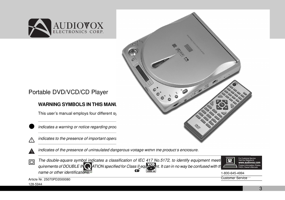 Audiovox PDVDNS, D1708PK owner manual PD-200 