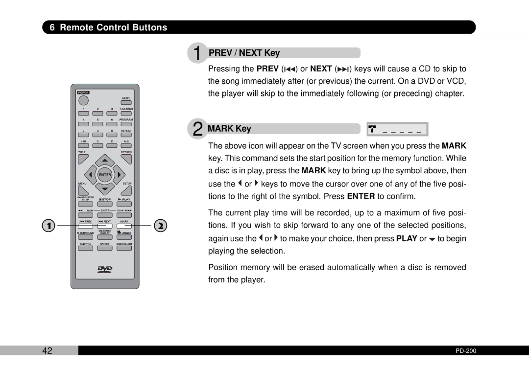 Audiovox D1708PK, PDVDNS owner manual Prev / Next Key, Mark Key 