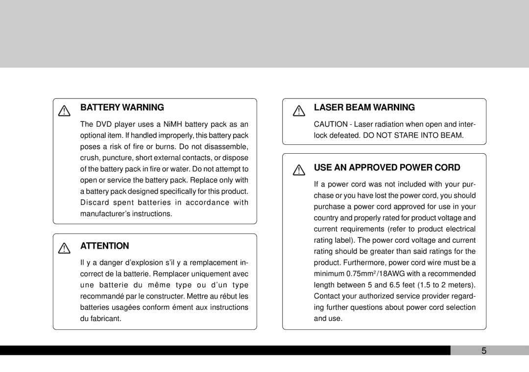 Audiovox PDVDNS, D1708PK owner manual Battery Warning 