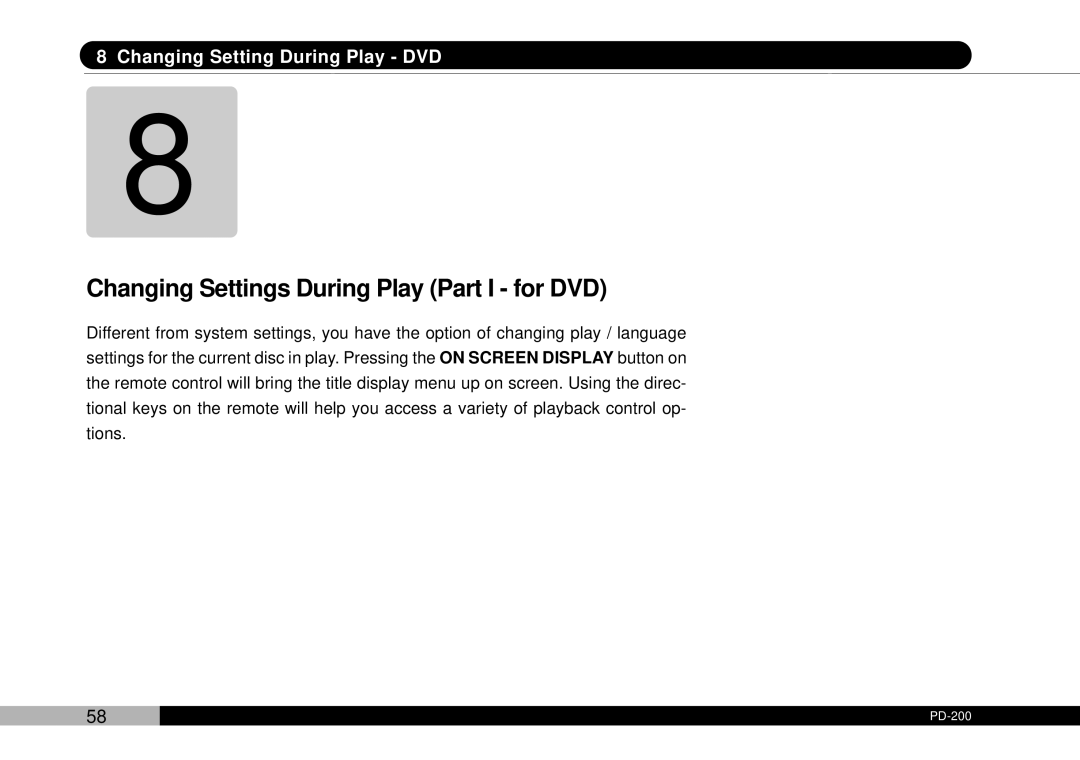 Audiovox D1708PK, PDVDNS owner manual Changing Settings During Play Part I for DVD 