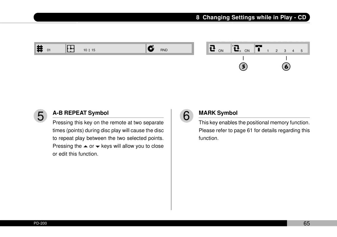 Audiovox PDVDNS, D1708PK owner manual Changing Settings while in Play CD, Mark Symbol 