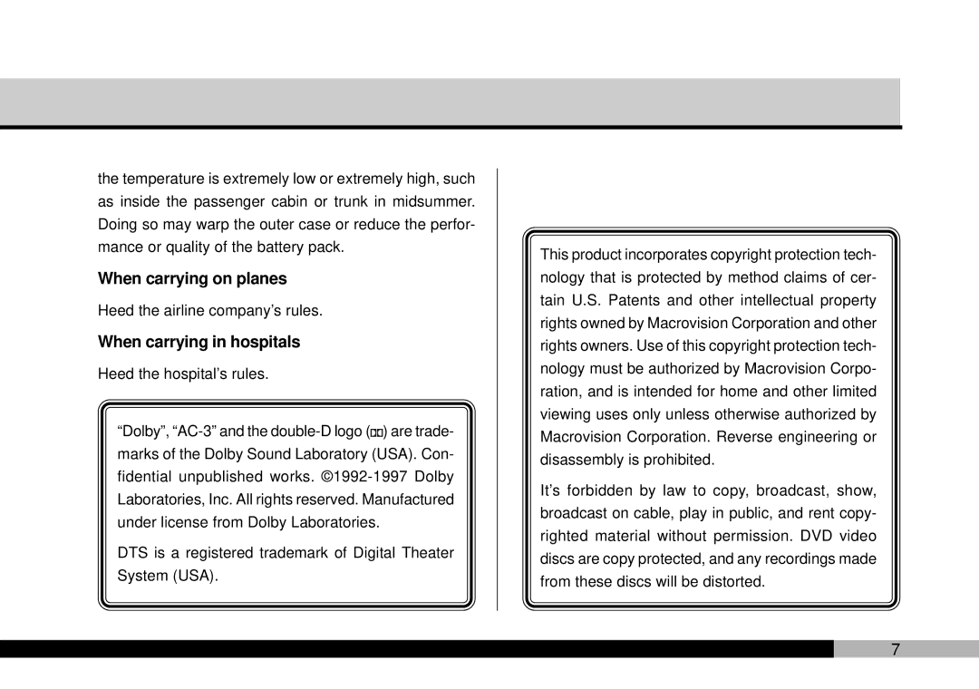 Audiovox PDVDNS, D1708PK owner manual When carrying on planes, When carrying in hospitals 