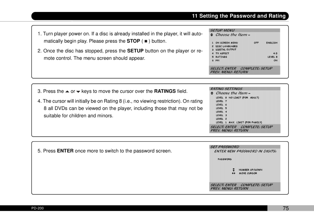 Audiovox PDVDNS, D1708PK owner manual Setting the Password and Rating 