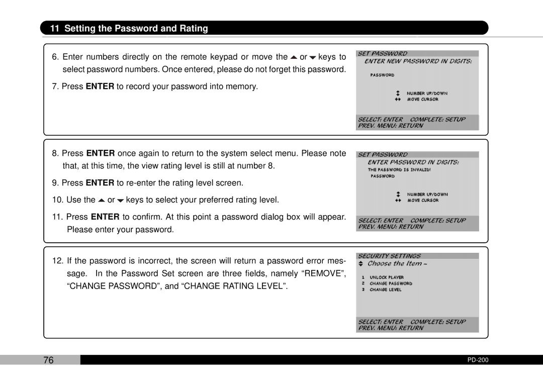 Audiovox D1708PK, PDVDNS owner manual Setting the Password and Rating 