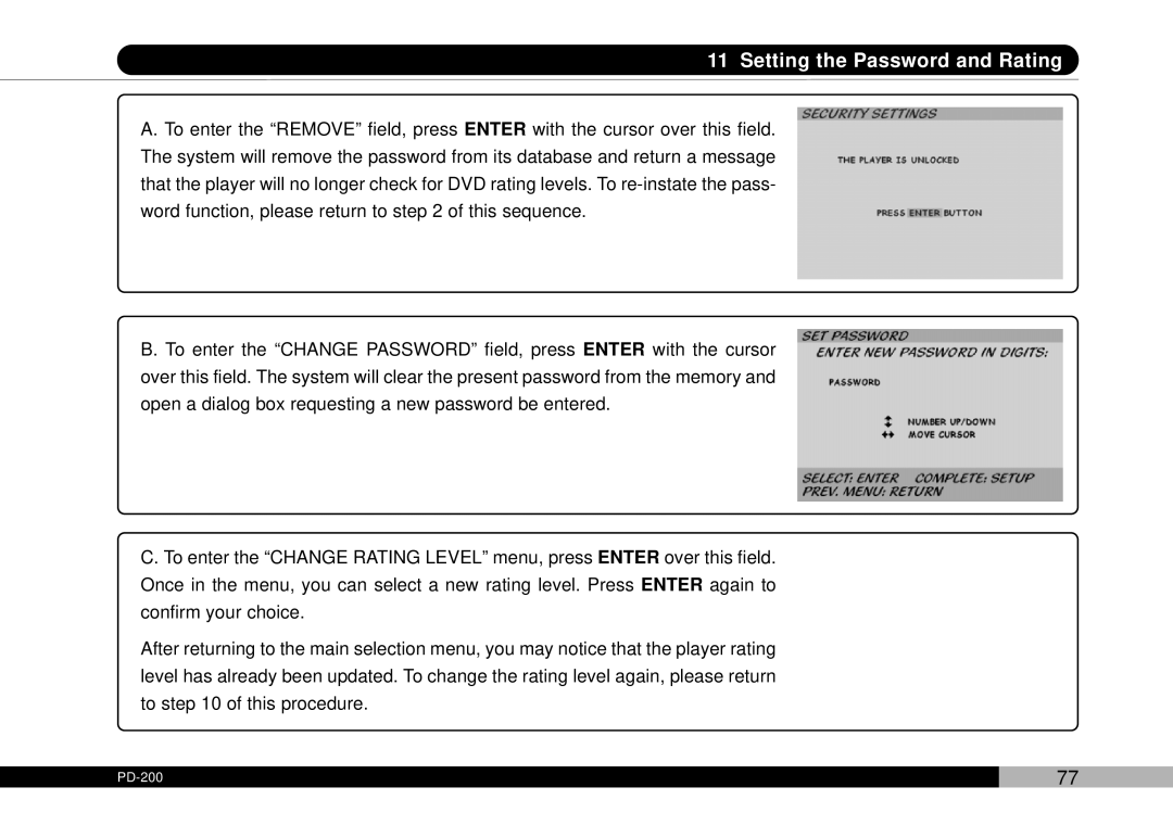 Audiovox PDVDNS, D1708PK owner manual Setting the Password and Rating 