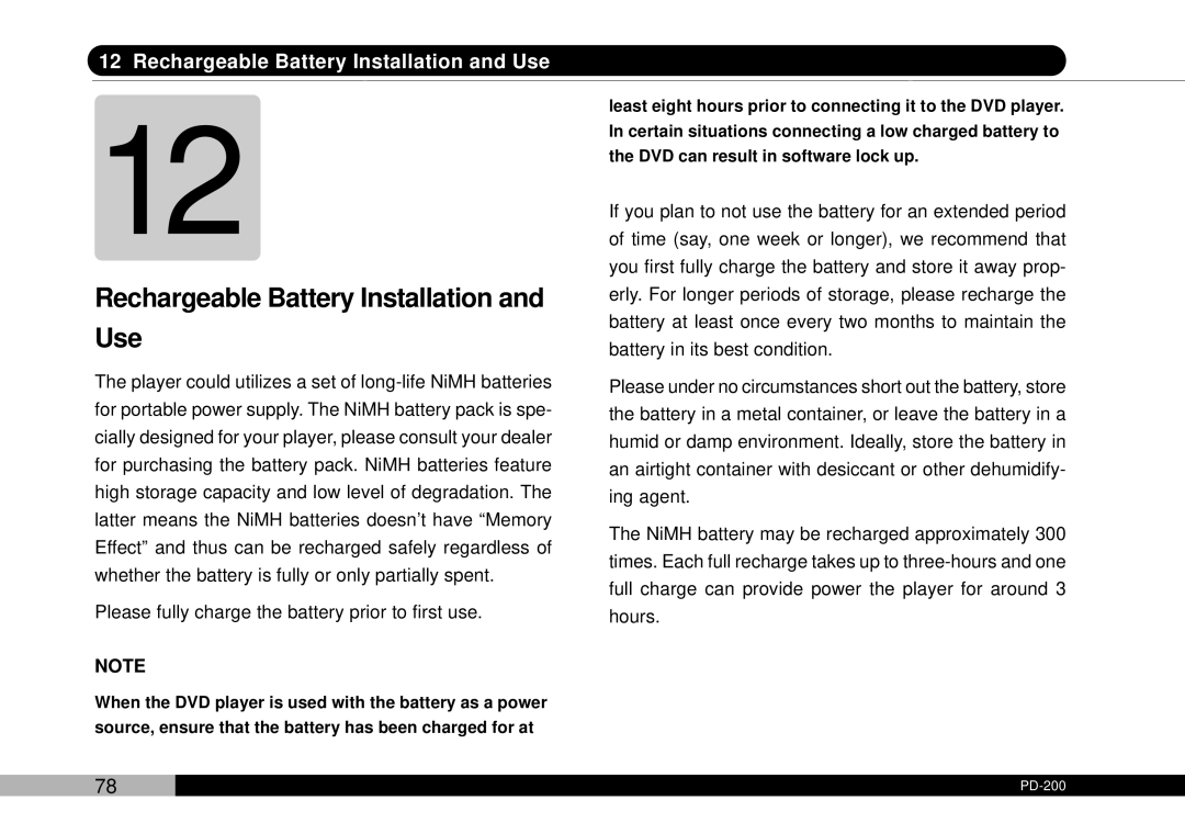 Audiovox D1708PK, PDVDNS Rechargeable Battery Installation Use, Please fully charge the battery prior to first use 