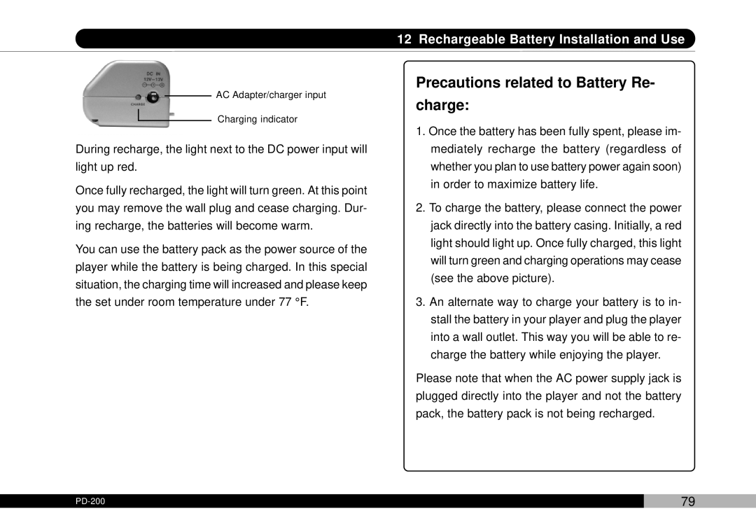 Audiovox PDVDNS, D1708PK owner manual Precautions related to Battery Re Charge 