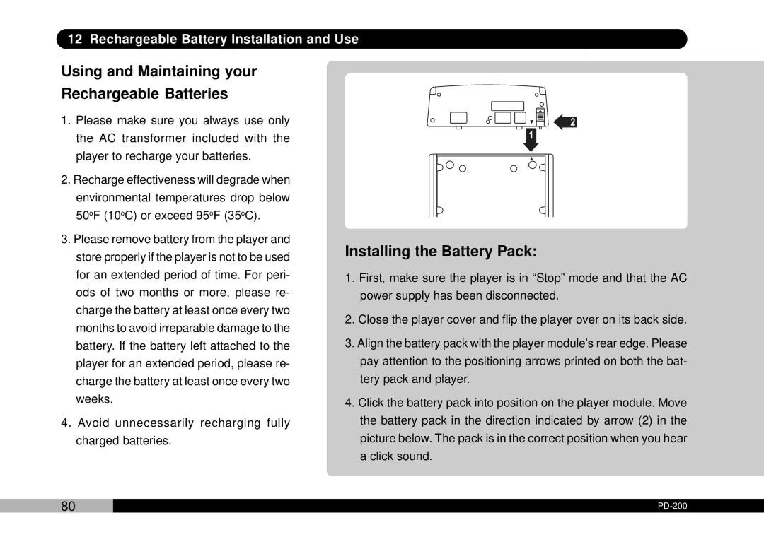 Audiovox D1708PK, PDVDNS owner manual Using and Maintaining your Rechargeable Batteries, Installing the Battery Pack 