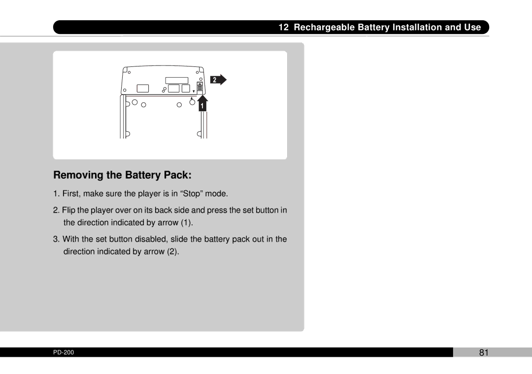 Audiovox PDVDNS, D1708PK owner manual Removing the Battery Pack 