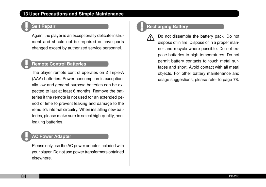 Audiovox D1708PK, PDVDNS owner manual User Precautions and Simple Maintenance Self Repair 