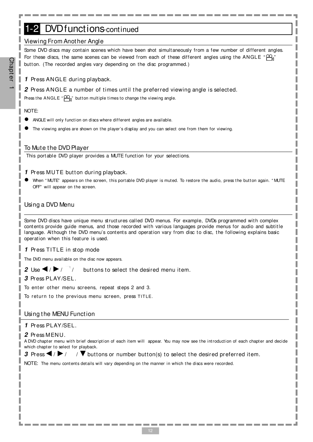 Audiovox D1710 user manual Viewing From Another Angle, To Mute the DVD Player, Using a DVD Menu, Using the Menu Function 