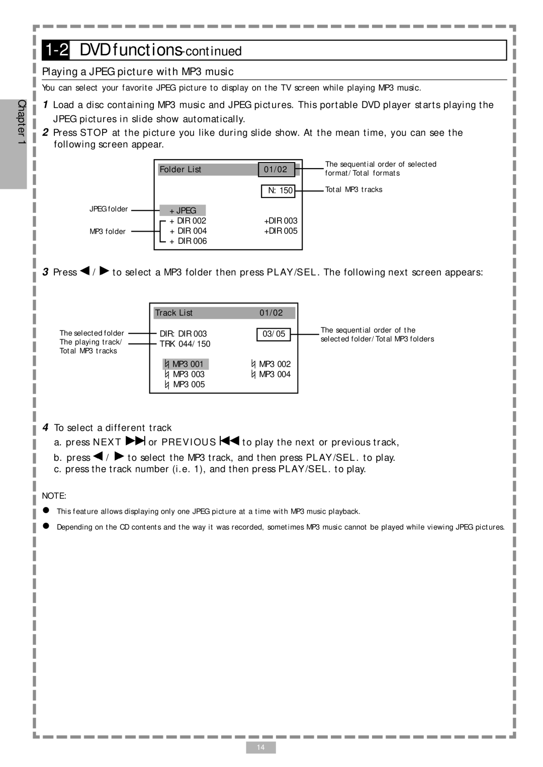 Audiovox D1710 user manual Playing a Jpeg picture with MP3 music, Folder List 01/02 