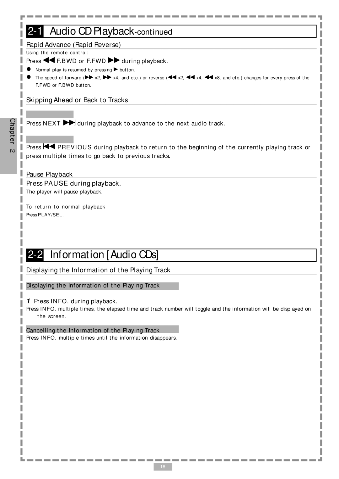 Audiovox D1710 user manual 2Information Audio CDs, Rapid Advance Rapid Reverse, Skipping Ahead or Back to Tracks 