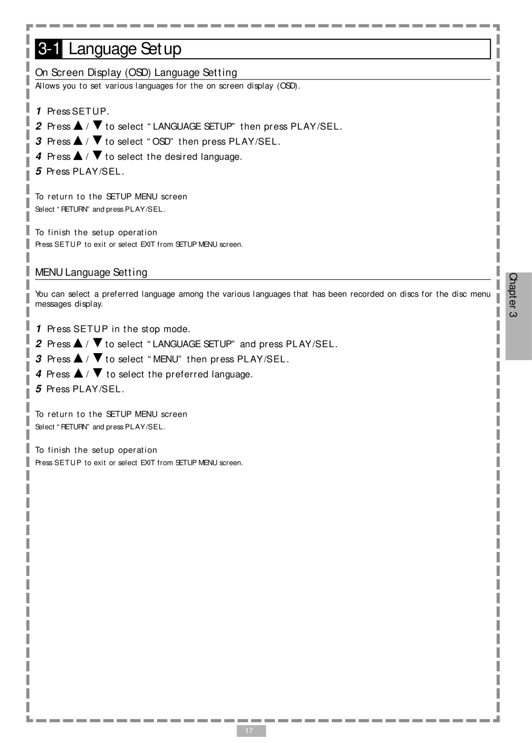 Audiovox D1710 user manual 1Language Setup, On Screen Display OSD Language Setting, Menu Language Setting 